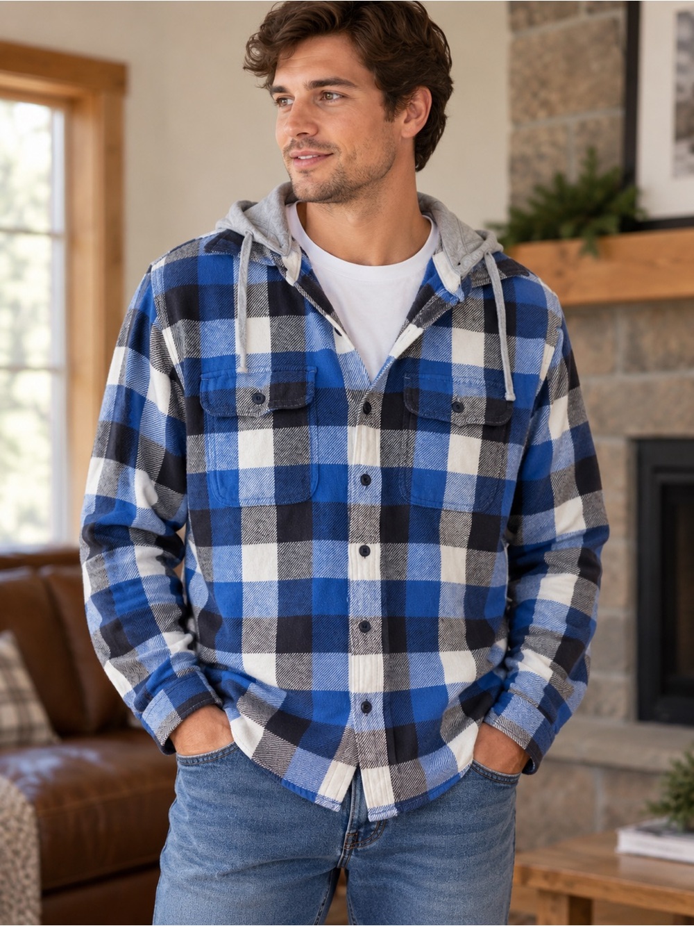 American Eagle Hooded Buffalo Plaid Flannel Shirt Blue Black Men’s Small Shacket